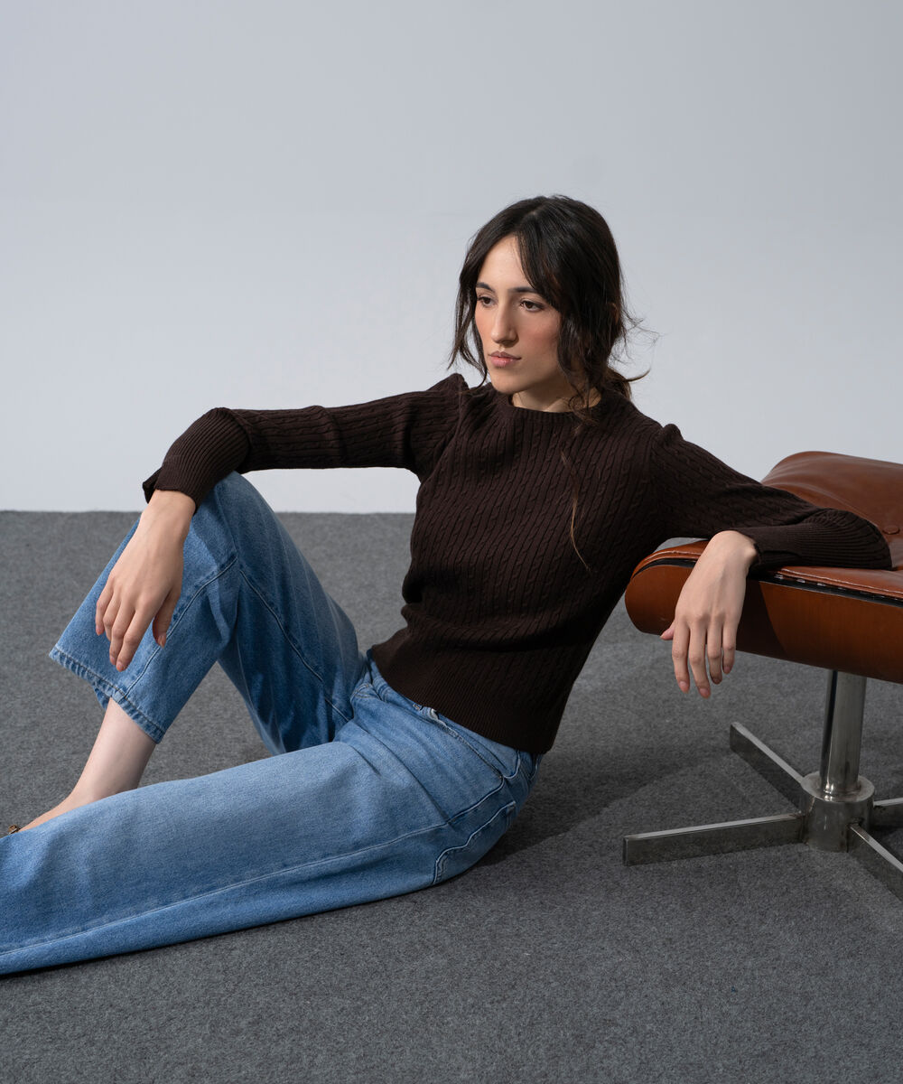 Women's Western Wear Brown Textured Cable-Knit Jumper