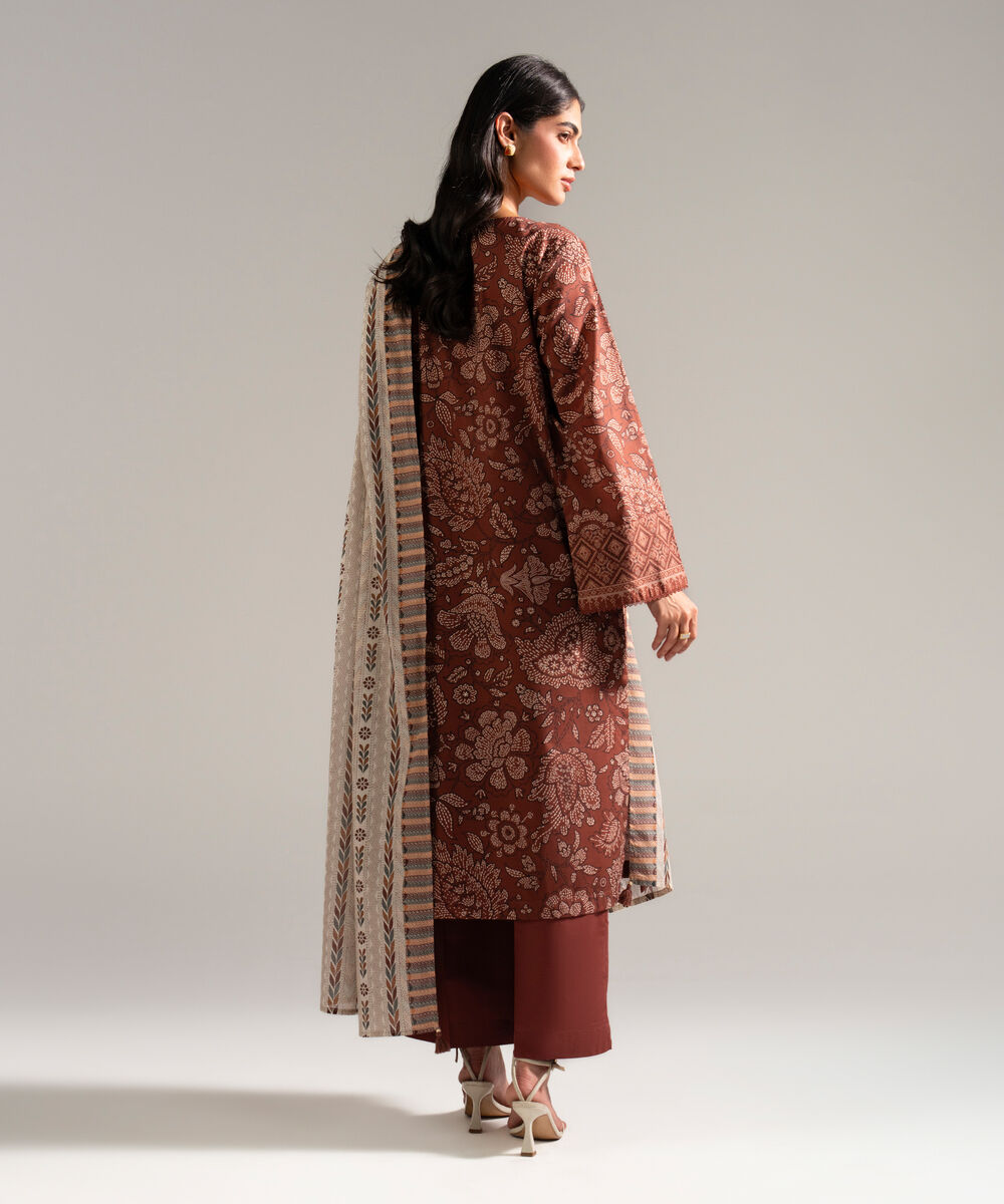 Women's RTW Slub Lawn Printed Brown 3 Piece Suit