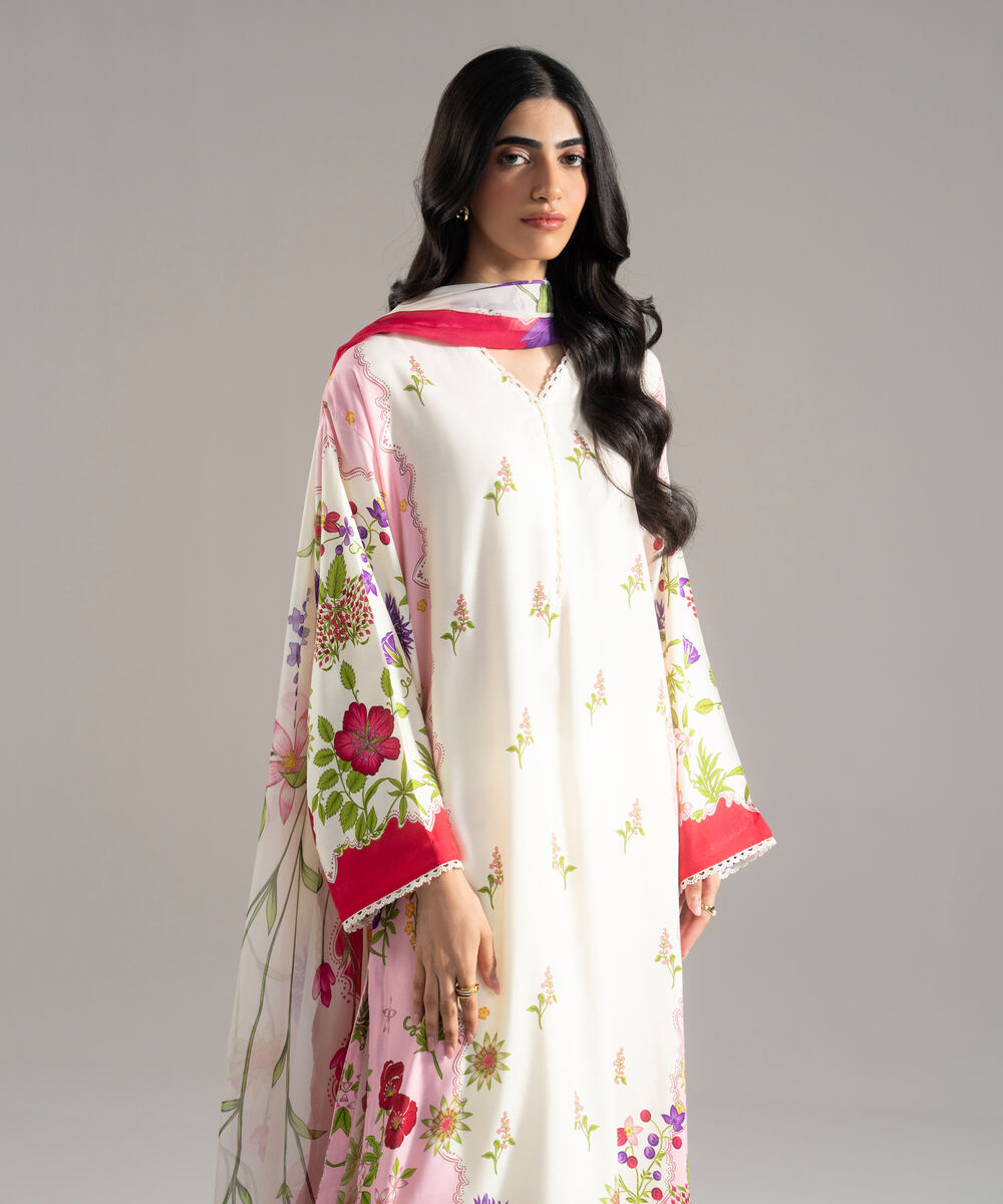 Women's RTW Viscose Raw Silk Printed Off White 3 Piece Suit