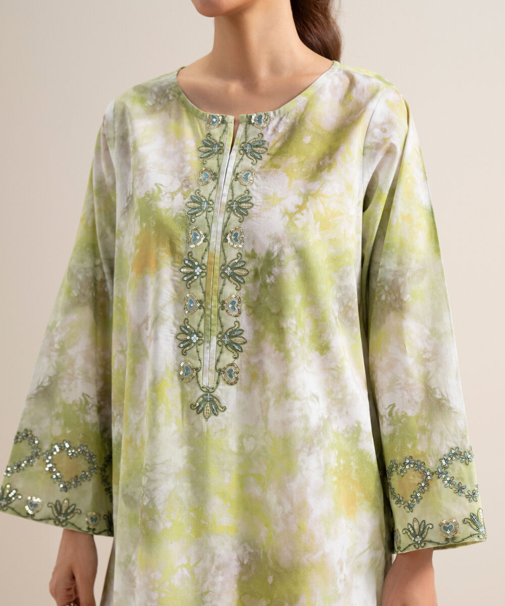 Women's Unstitched Lawn Embroidered Green and White  3 Piece Suit