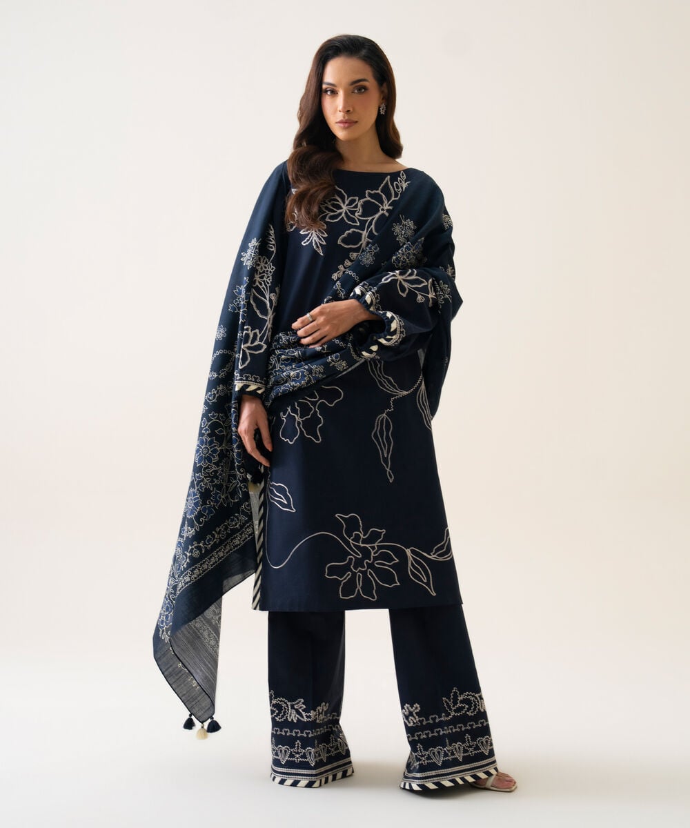 Women's Unstitched Textured Cotton Embroidered Dark Blue 3 Piece Suit