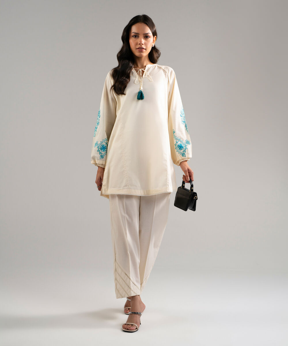 Women's RTW Dobby Embroidered Off White Straight Shirt