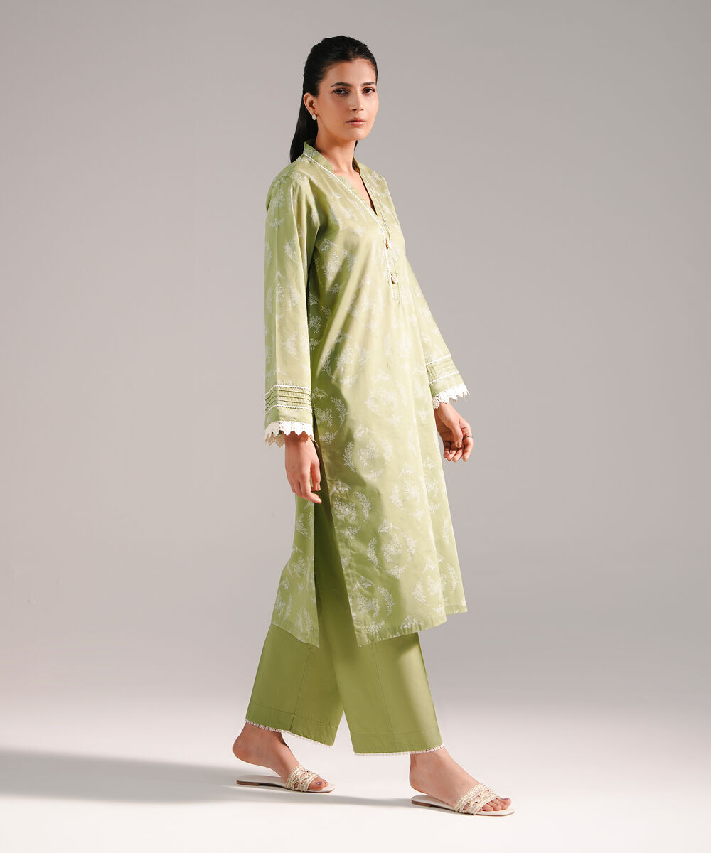Women's RTW Lawn Printed Green Straight Shirt