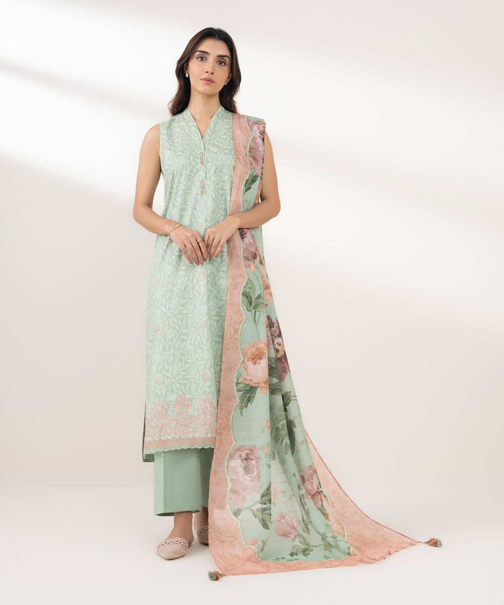 Women's Unstitched Zari Lawn Embroidered Green 3 Piece Suit