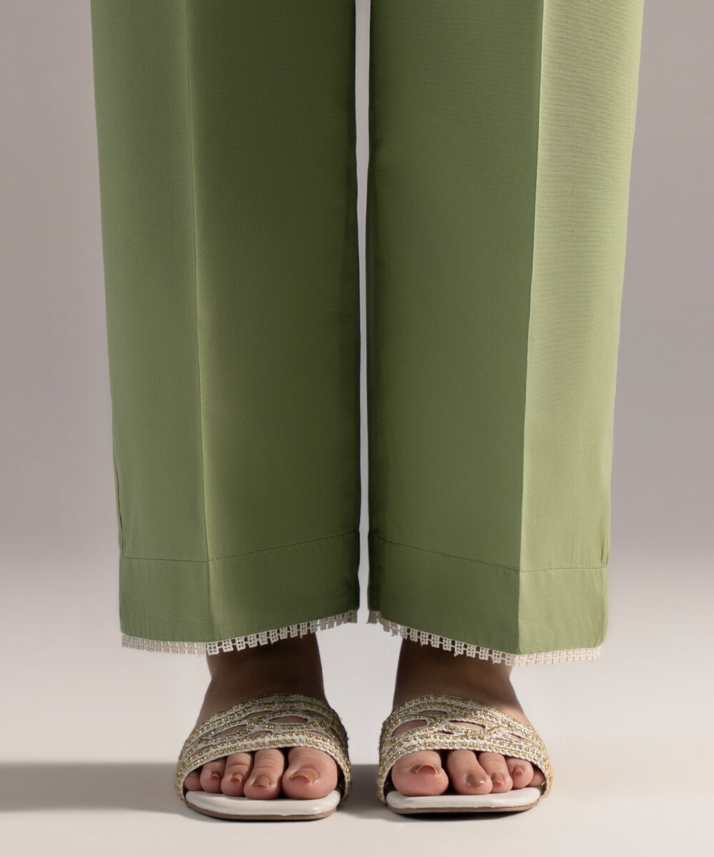 Women's RTW Cambric Solid Green Straight Pants