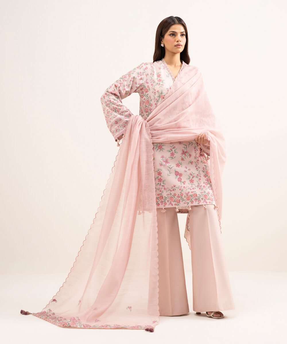 Women's Unstitched Lawn Embroidered Pink 3 Piece Suit