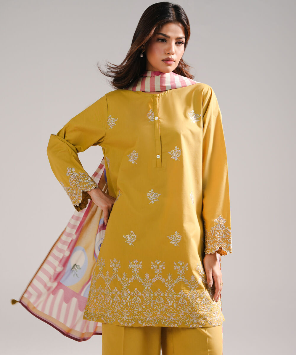 Women's RTW Lawn Embroidered Yellow 3 Piece Suit