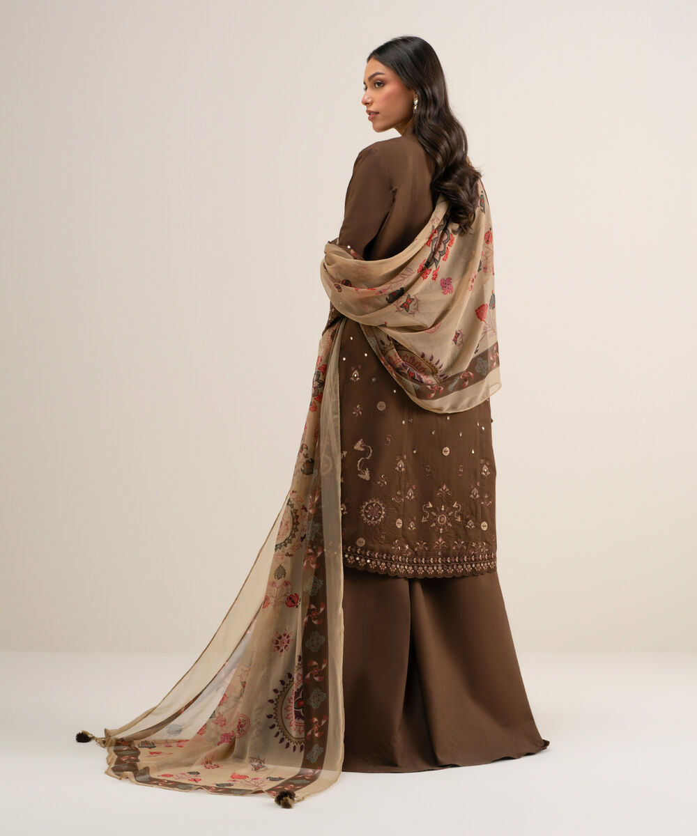 Women's Unstitched Embroidered Cotton Viscose Dark Brown 3 Piece Suit