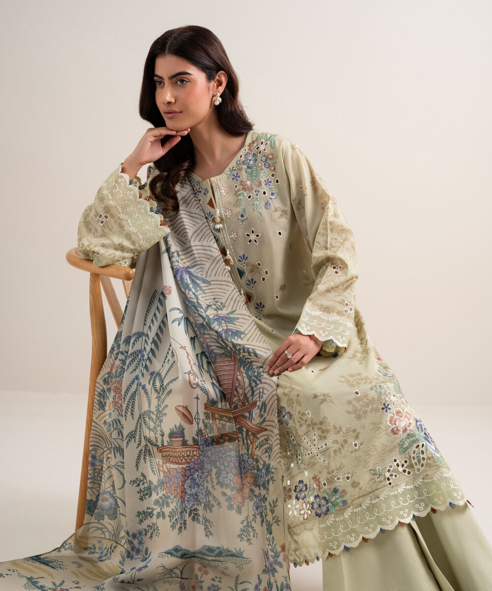 Women's Unstitched Lawn Embroidered Beige 3 Piece Suit