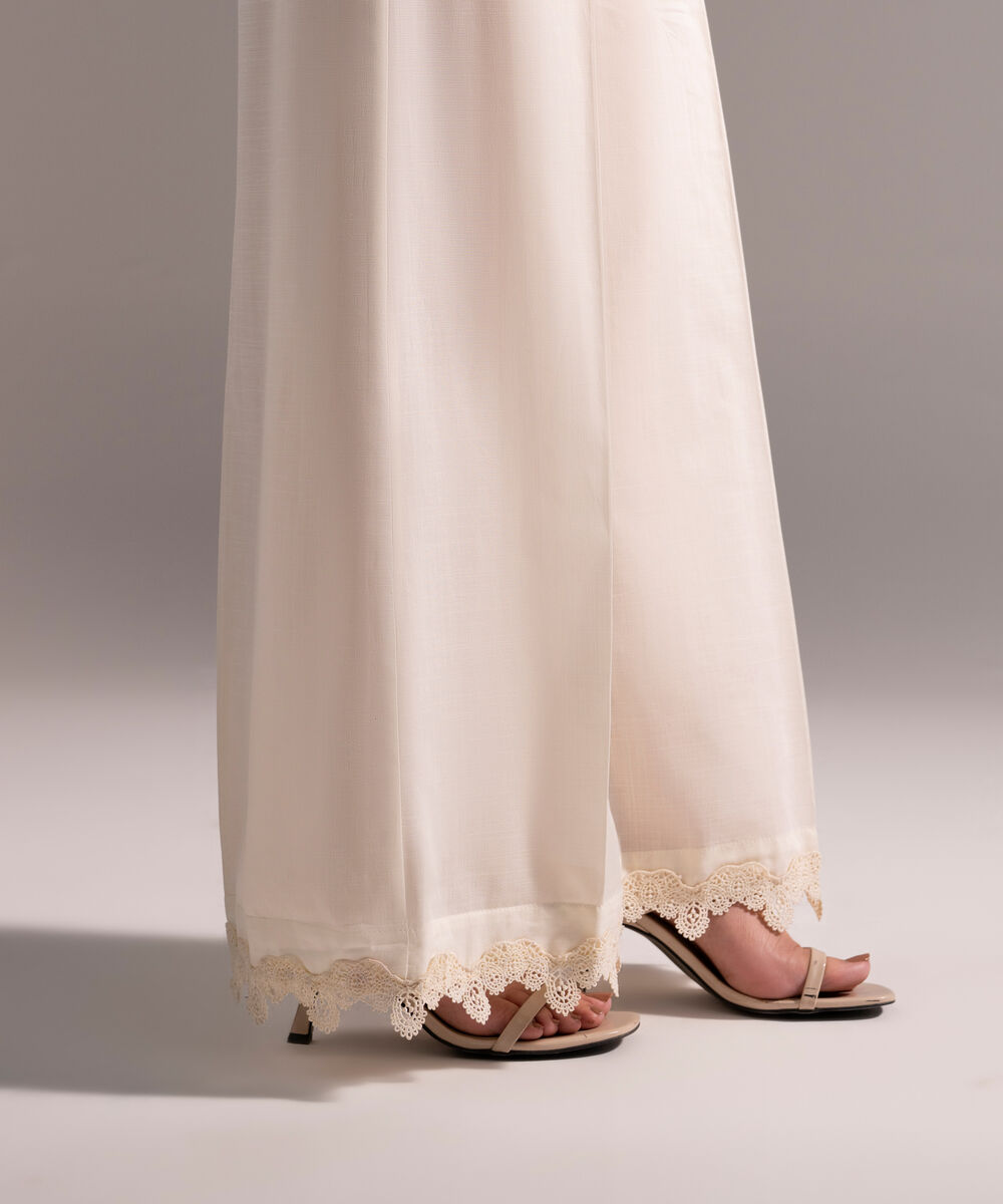 Women's RTW Crosshatch Solid Off White Flared Pants