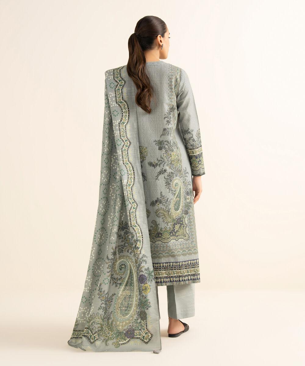 Women's Unstitched Khaddar Printed Grey 3 Piece Suit