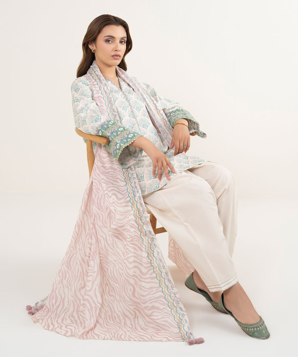 Women's Unstitched Lawn Printed Off White 3 Piece Suit