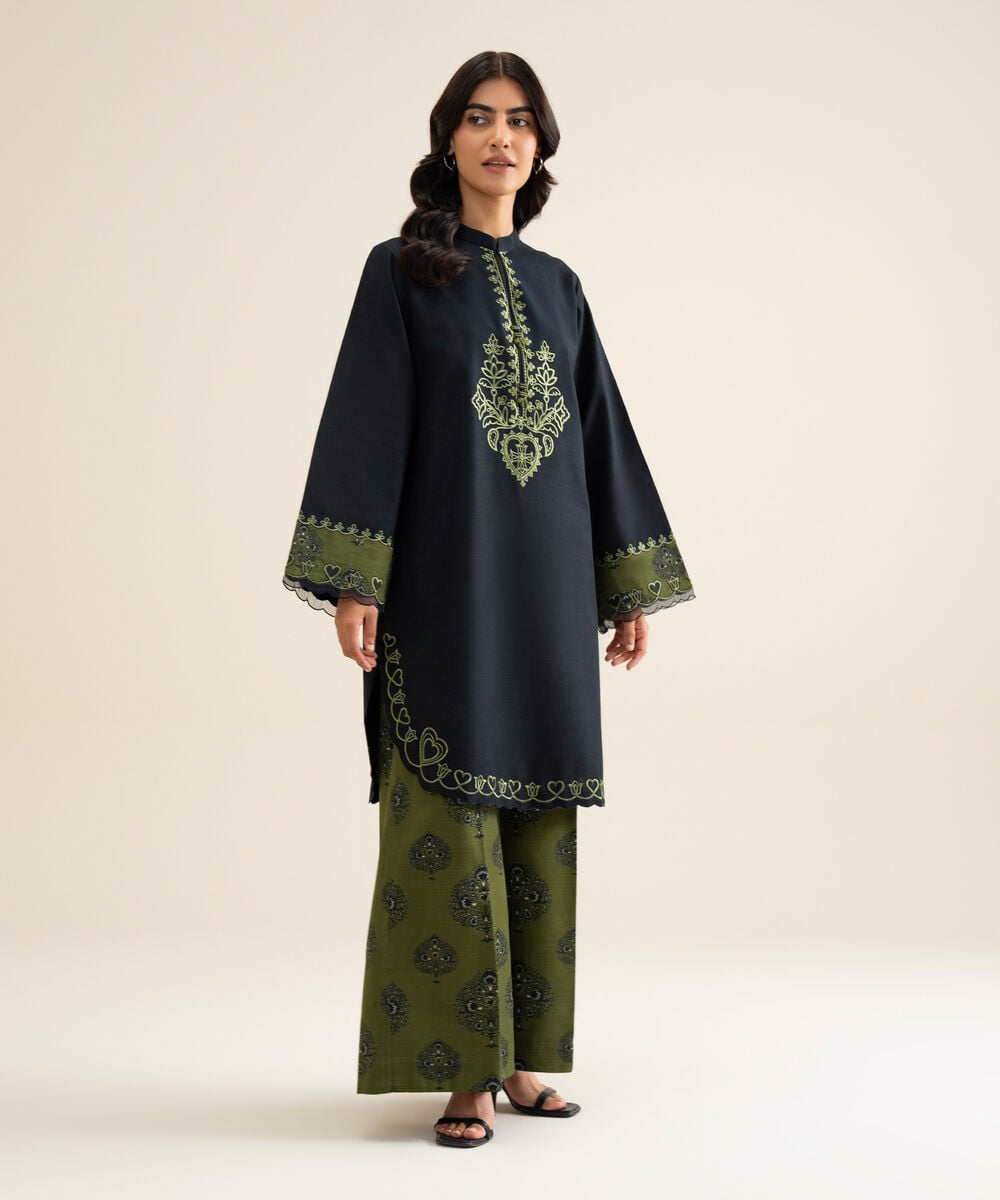 Women's Unstitched Light Khaddar Embroidered Black 2 Piece Suit