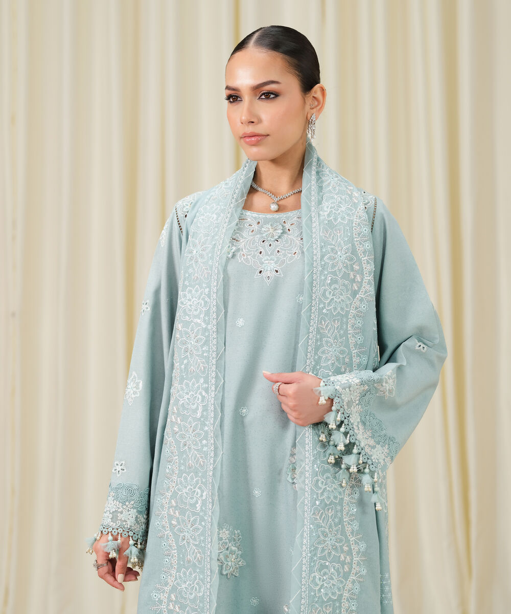 Women's Unstitched Embroidered Cotton Karandi Aqua 3 Piece Suit
