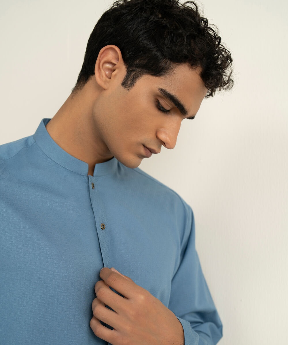 Men's blue Cotton Jacquard Kurta