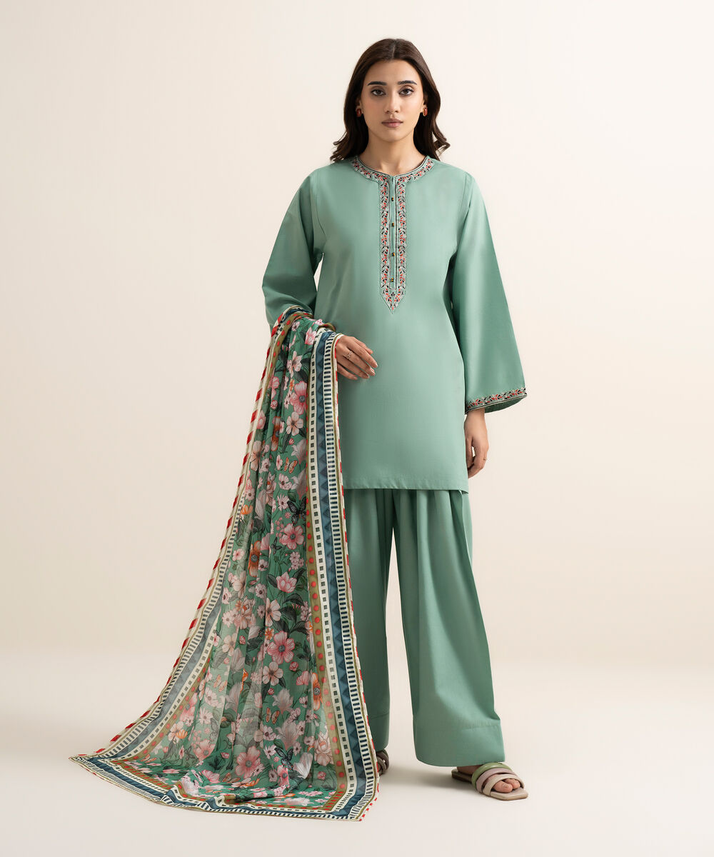 Women's RTW Cambric Embroidered Green Boxy Shirt