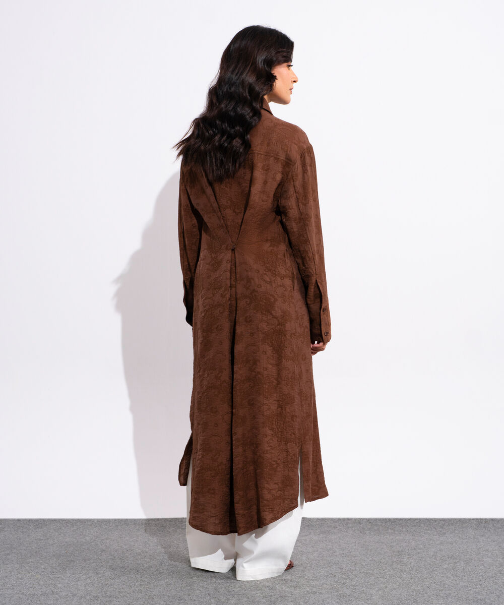 Women's Brown Textured Button Through Dress