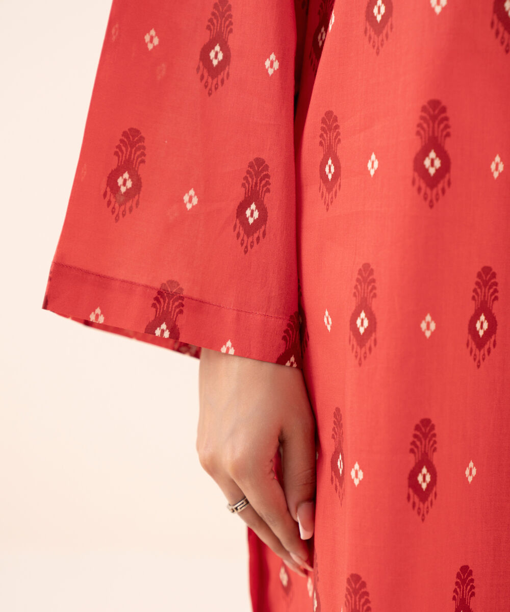 Women's Unstitched Cotton Printed Red Three Piece Suit