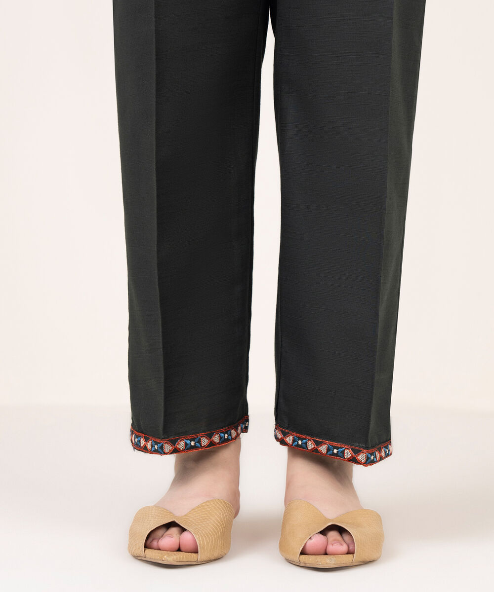 Women's RTW Khaddar Embroidered Black Straight Pants