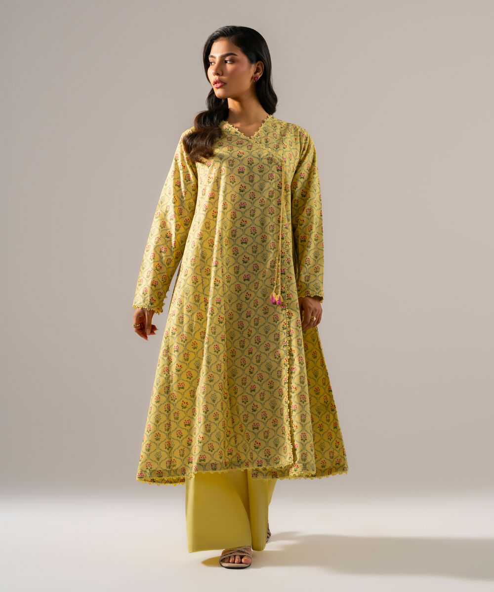 Women's RTW Cambric Printed Pale Yellow Angrakha
