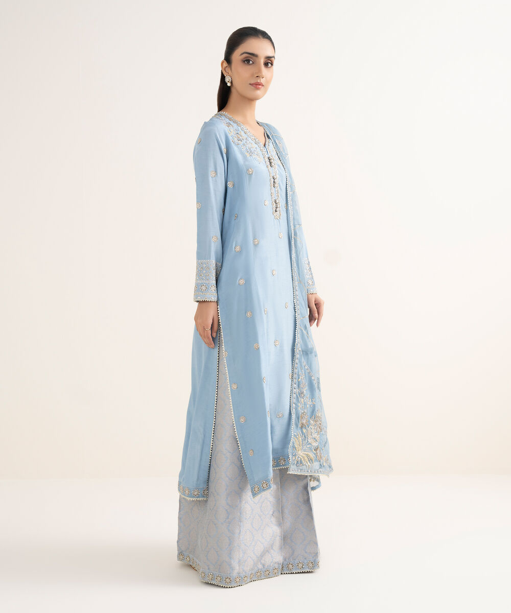 Women's RTW Raw Silk Embroidered Blue 3 Piece Suit