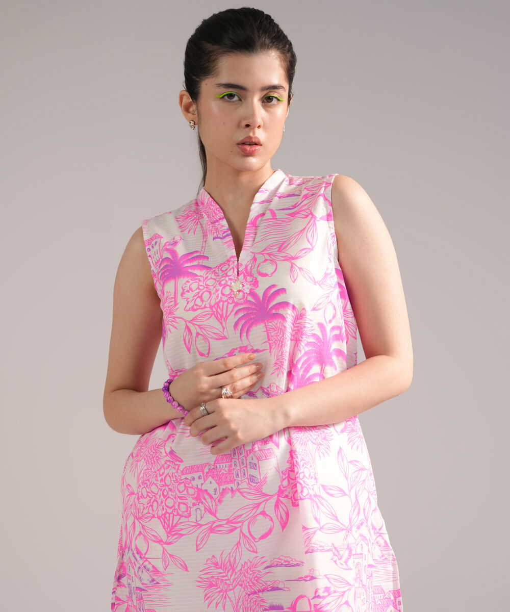 Women's RTW Dobby Printed White 2 Piece Suit