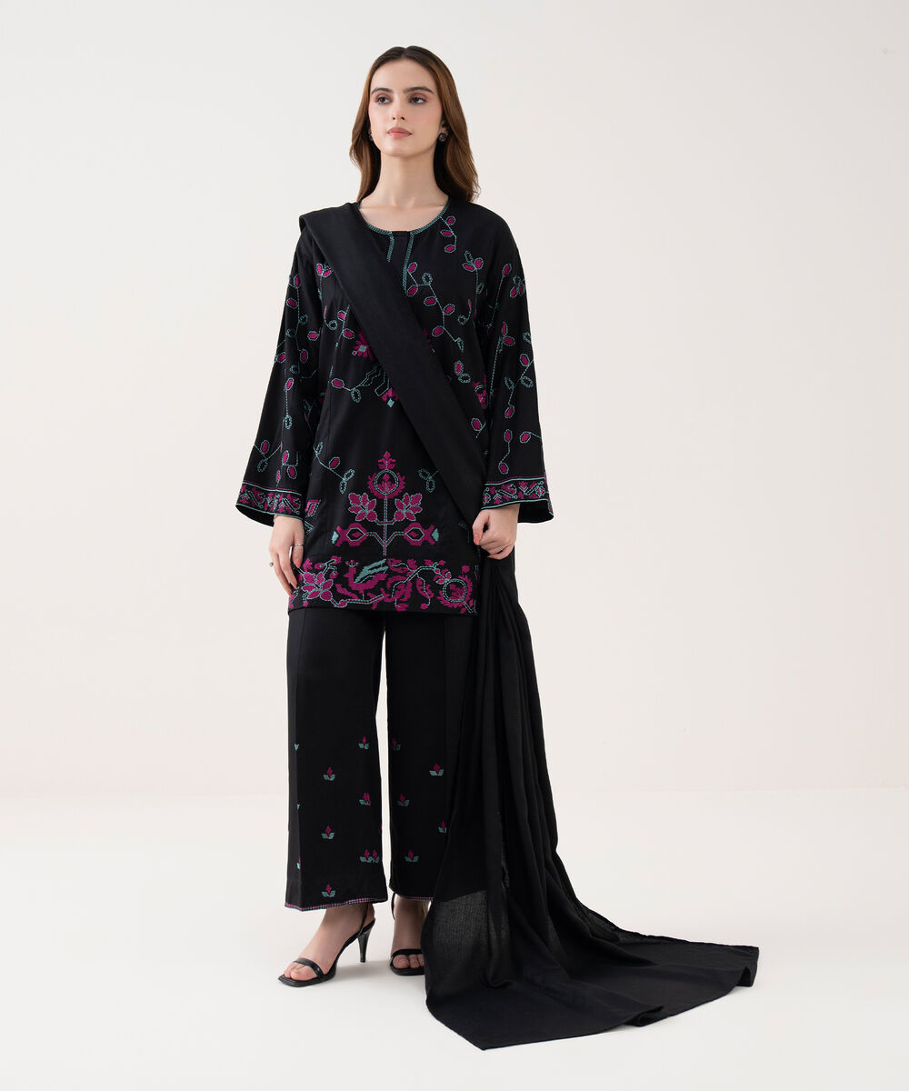 Women's RTW Viscose Marina Embroidered Black Straight Shirt