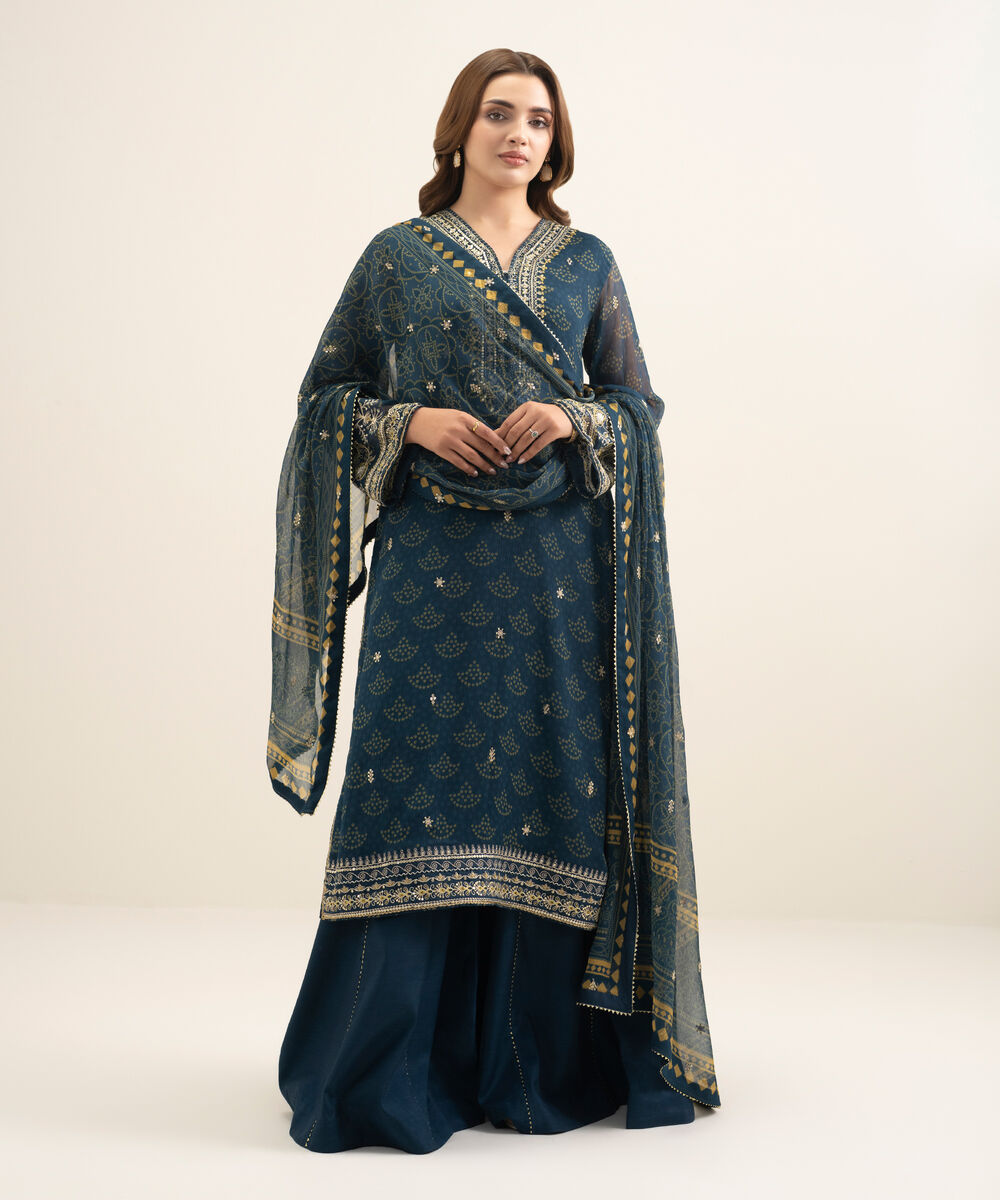 Women's Unstitched Blended Chiffon Embroidered Green 3 Piece Suit