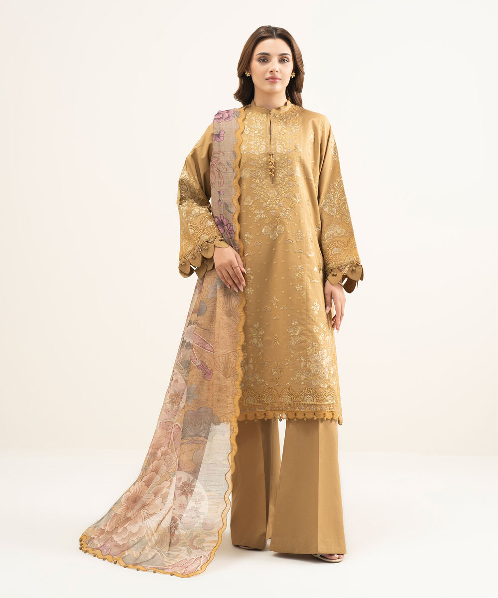 Women's Unstitched Textured Lawn Brown Embroidered 3 Piece Suit