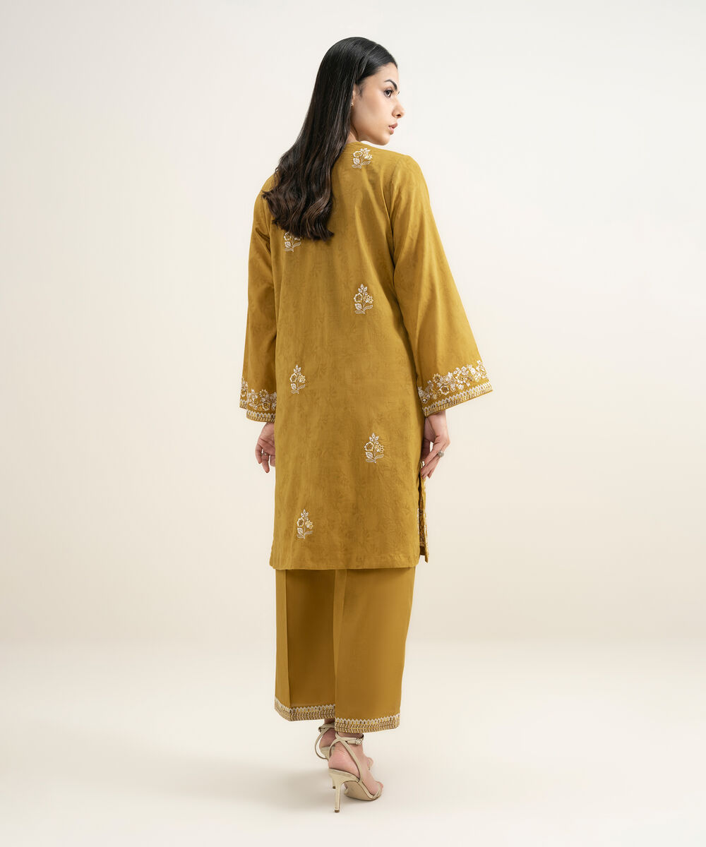 Women's RTW Self Jacquard Embroidered Mustard Yellow A-Line Shirt