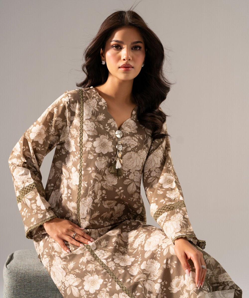 Women's RTW Cross Hatch Printed Muted Green Straight Shirt