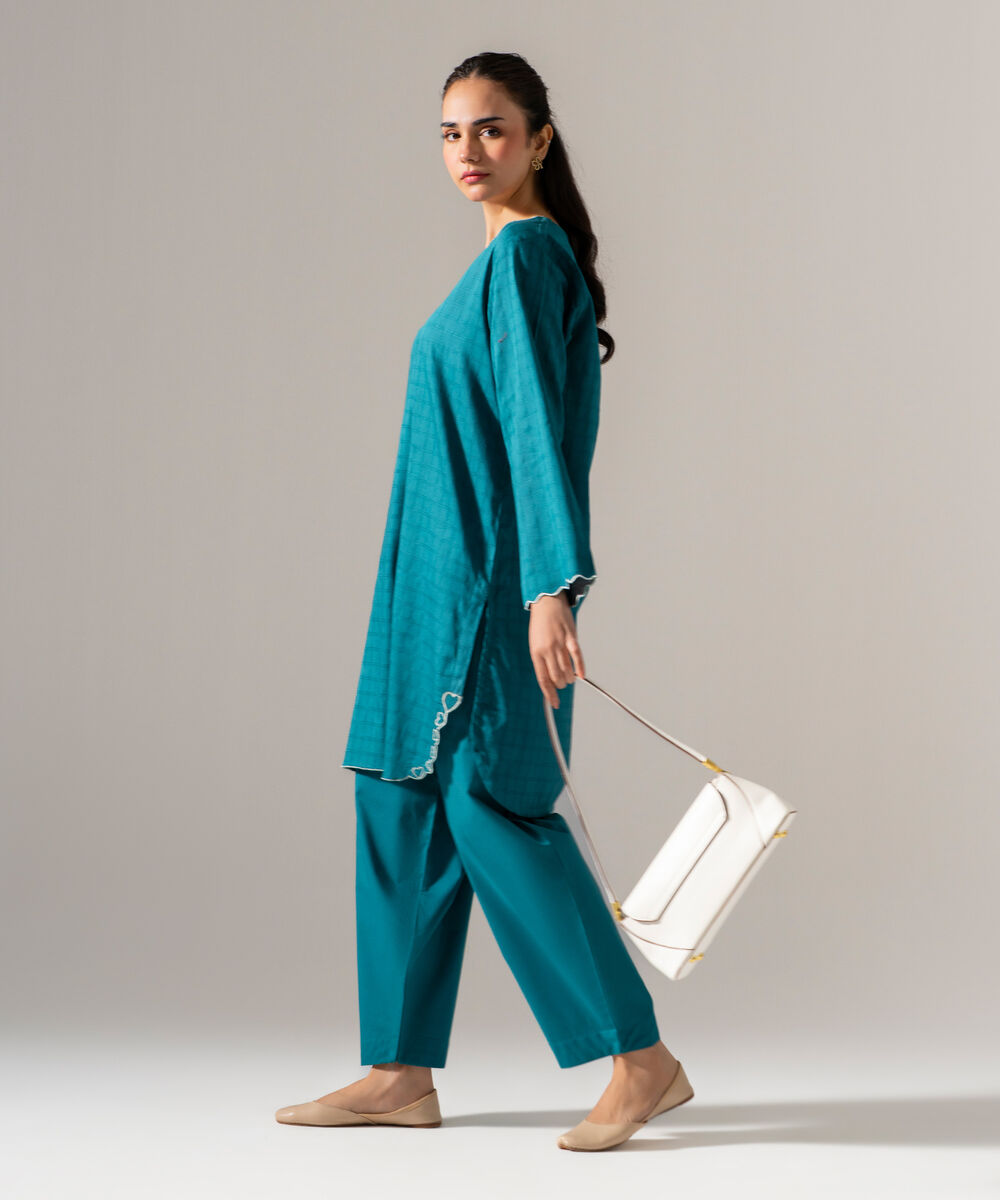 Women's RTW 3D dobby Solid Teal Straight Shirt