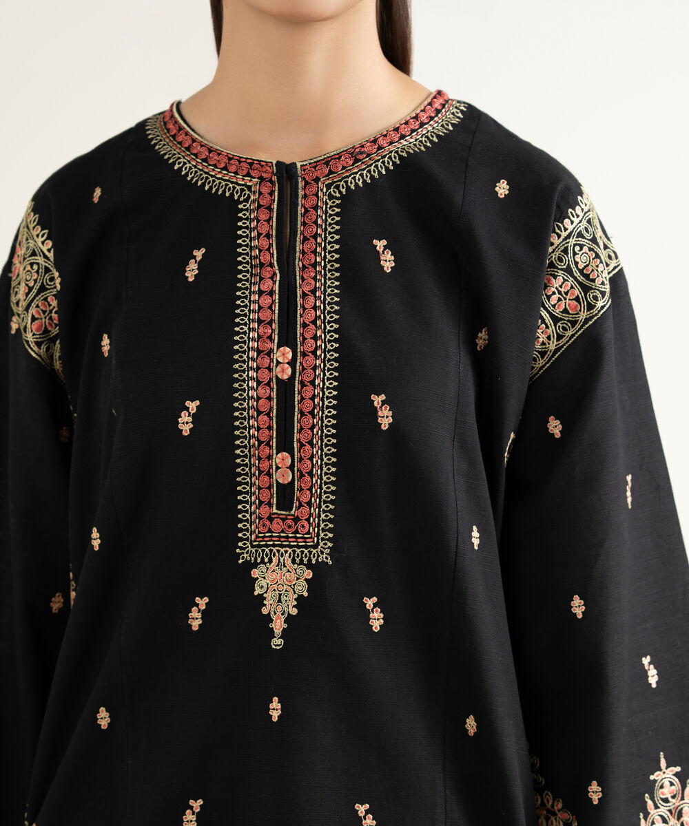 Women's RTW Khaddar Embroidered Black Straight Shirt