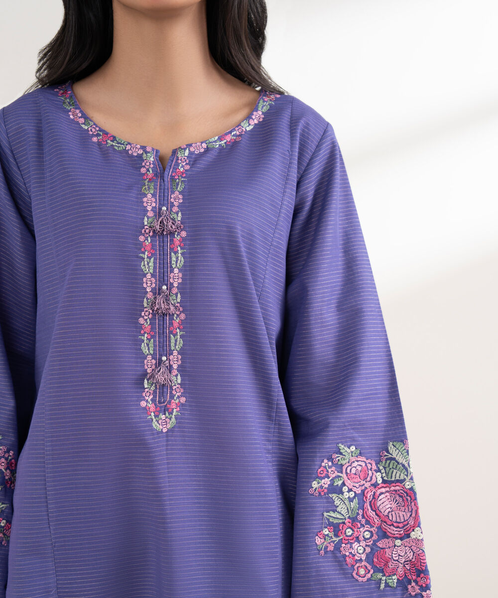 Women's RTW Light Khaddar Embroidered Purple Straight Shirt