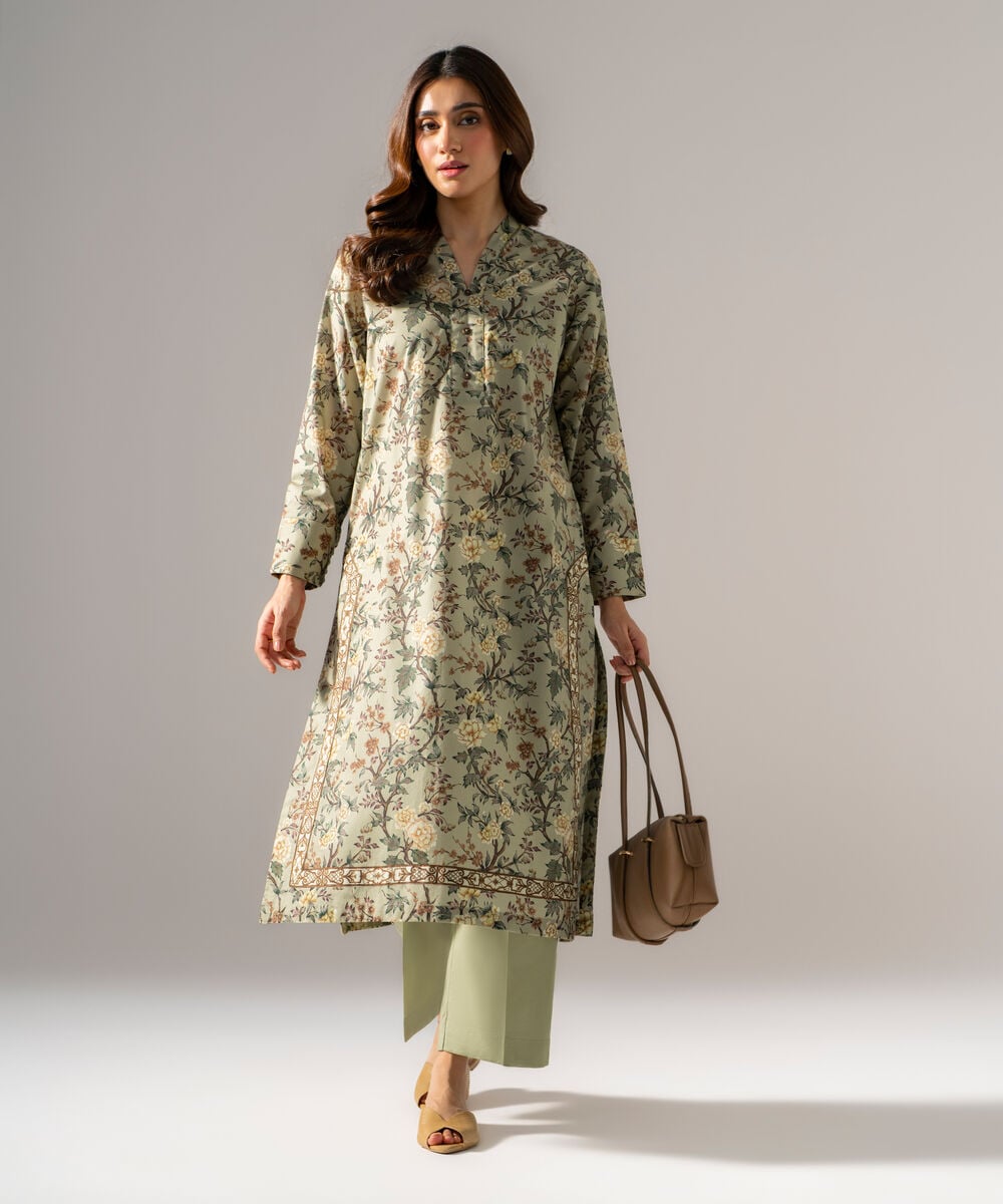 Women's RTW Cambric Printed Muted Green Straight Shirt