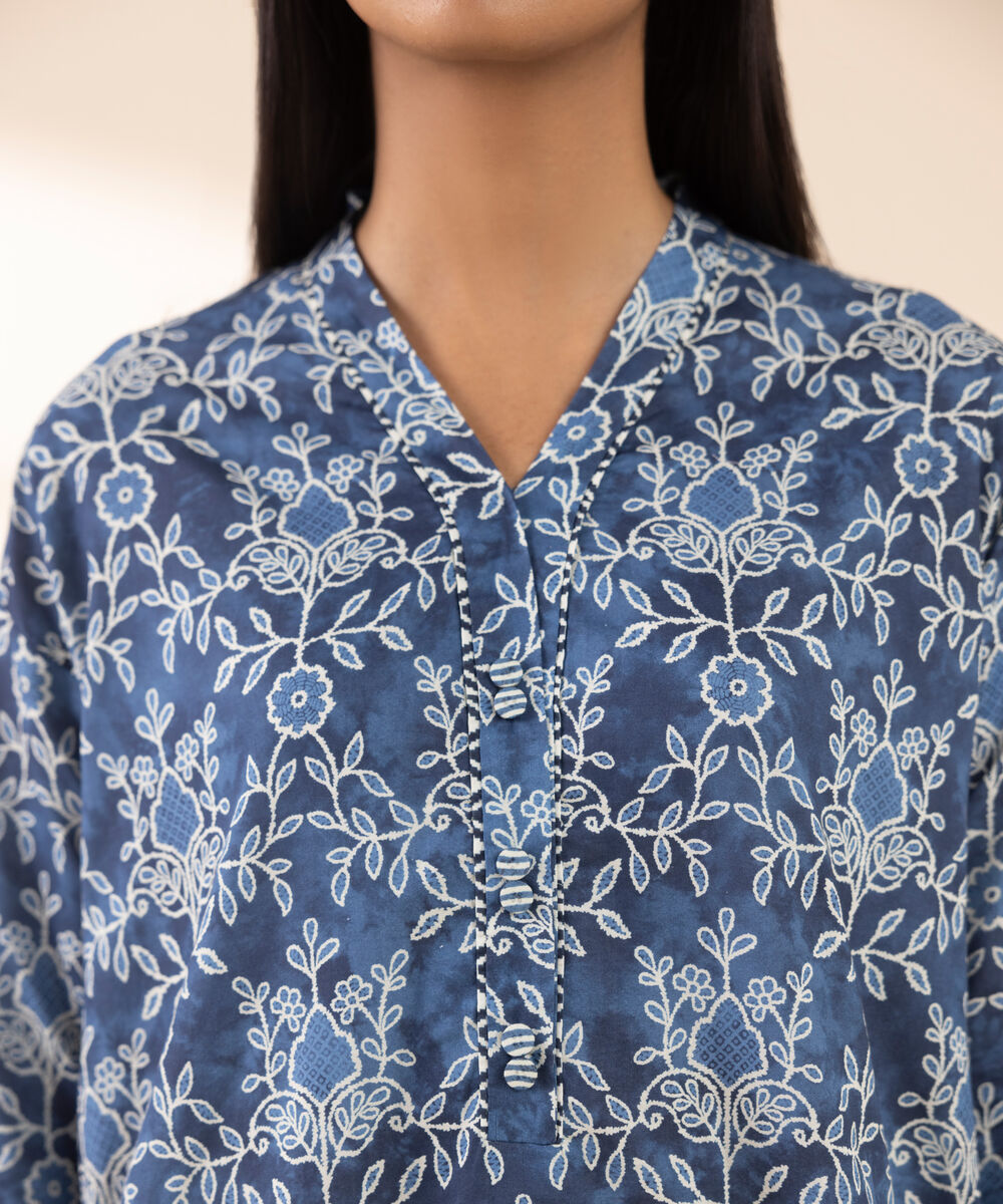 Women's Unstitched Lawn Printed Blue 3 Piece Suit