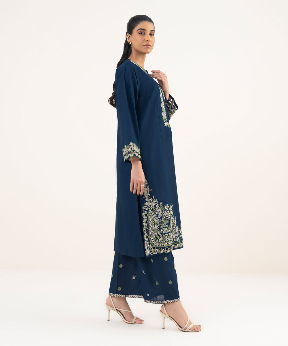 Women's RTW Cross Hatch Blue Embroidered A-Line Shirt