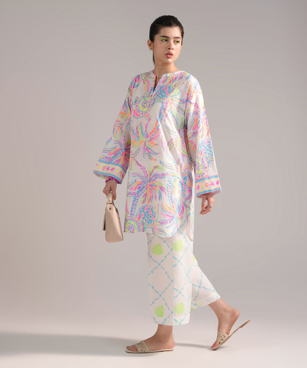 Women's RTW Dobby Printed White 2 Piece Suit