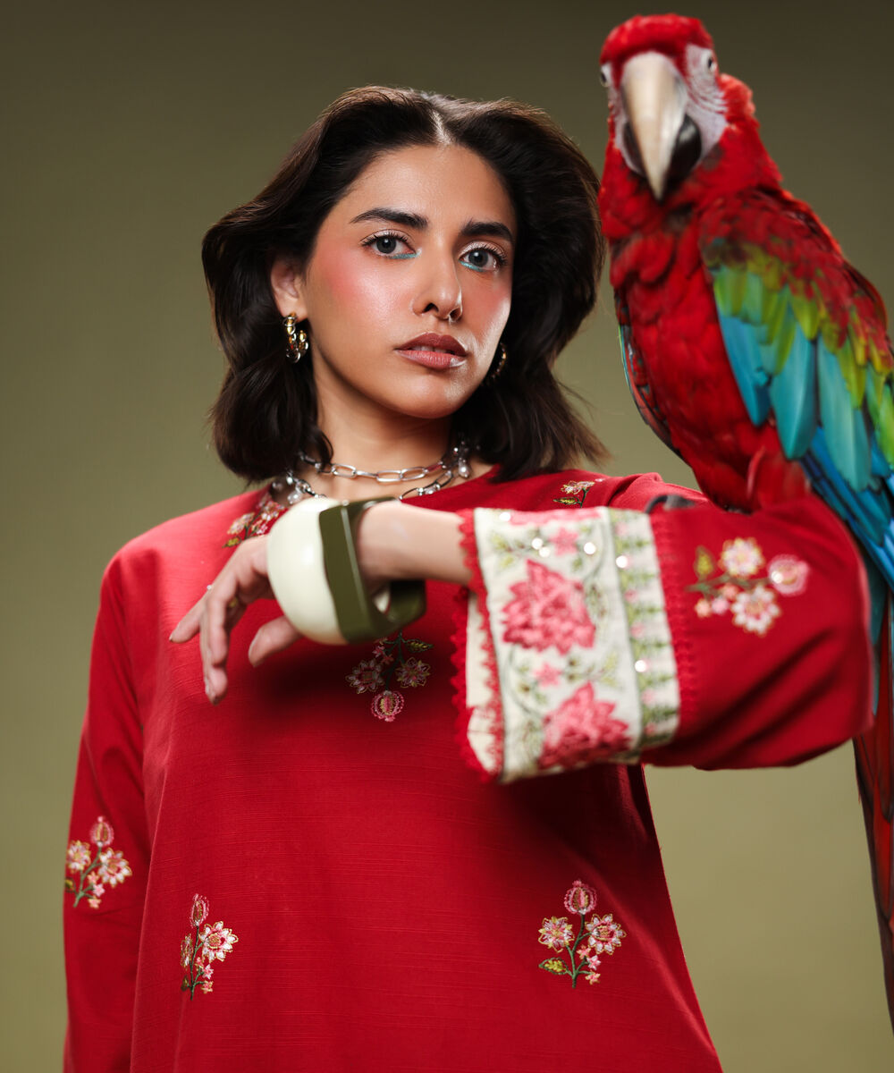 Women's RTW Light Khaddar Embroidered Red Straight Shirt