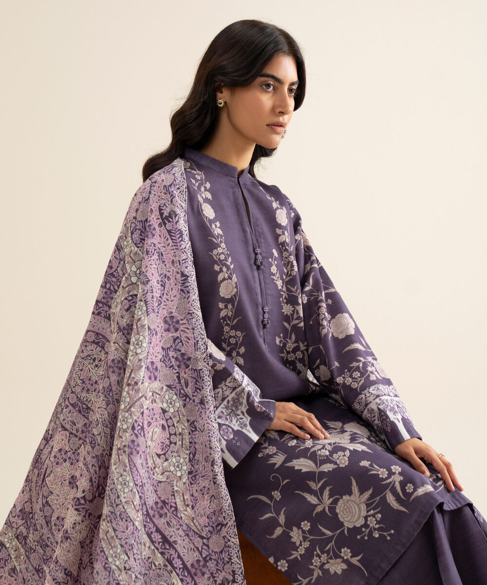 Women's Unstitched Premium Khaddar Printed Lilac 3 Piece Suit