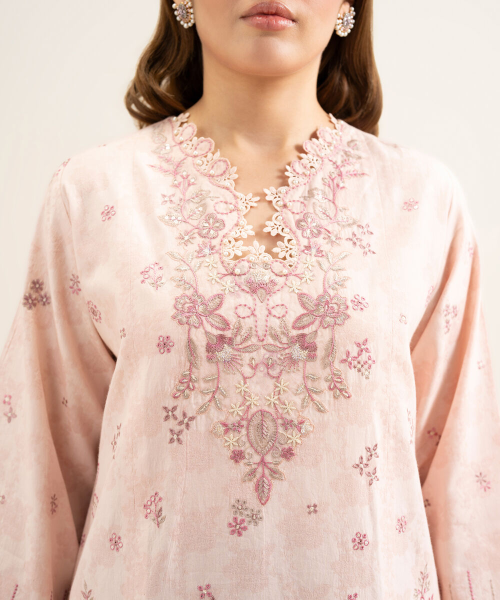 Women's Unstitched Cotton Jacquard Embroidered Pink 3 Piece Suit
