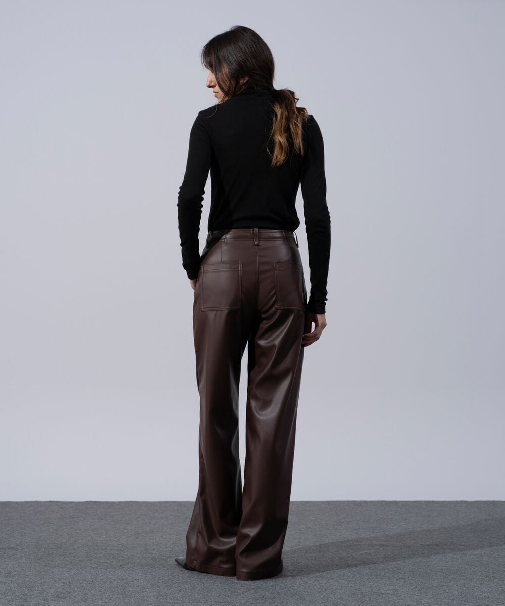 Women's Western Wear Brown Polyester Faux-Leather Straight Fit Trousers