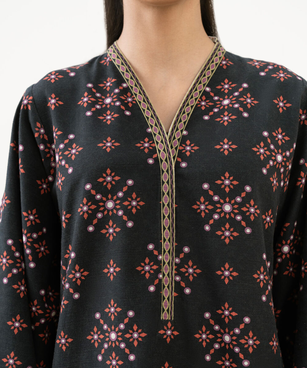 Women's Unstitched Khaddar Printed Black 3 Piece Suit