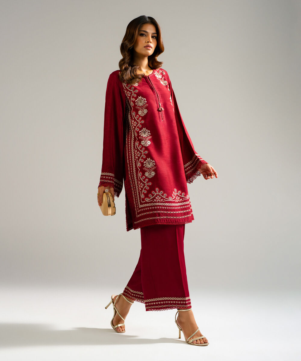 Women's RTW Raw Silk Embroidered Maroon 2 Piece Suit