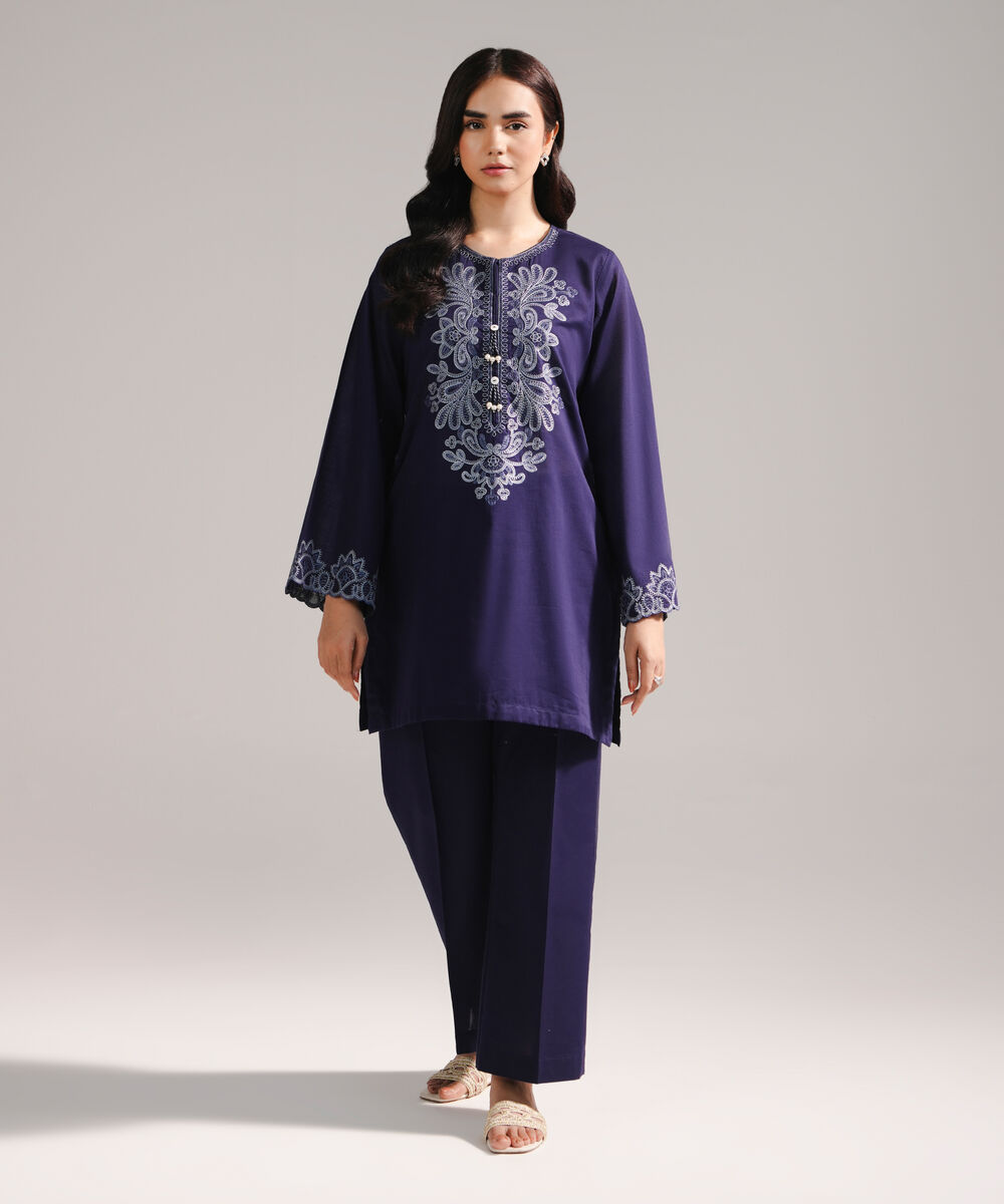 Women's RTW Cross Hatch Embroidered Dark Blue Straight Shirt