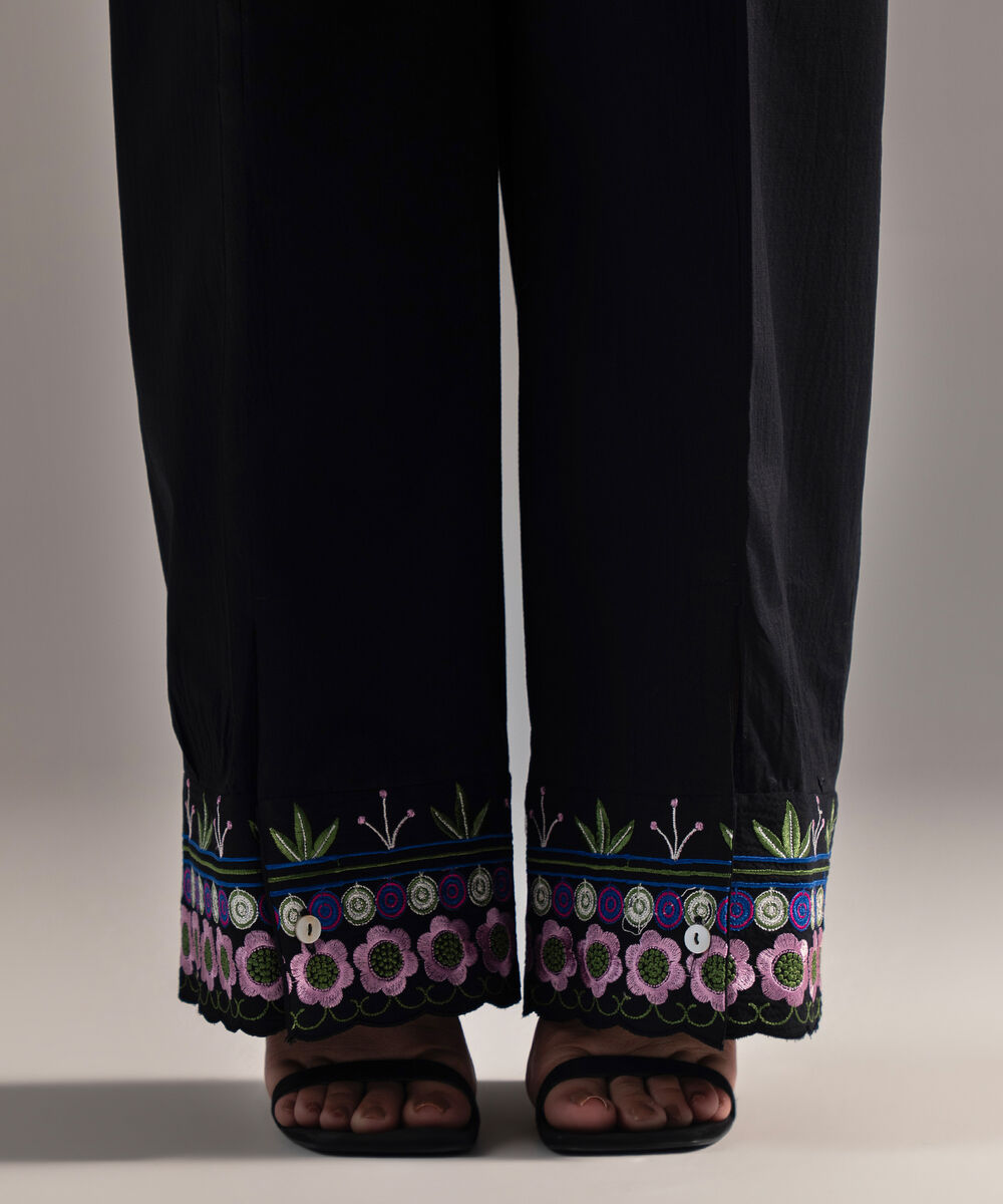 Women's RTW Seersucker Embroidered Black Culottes