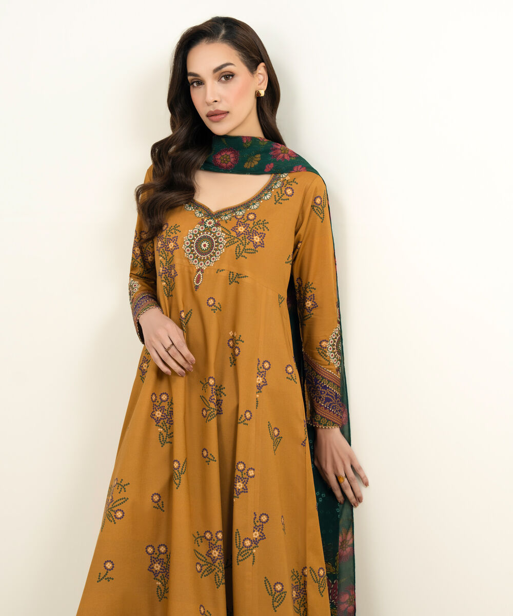 Women's Unstitched Lawn Embroidered Orange 3 Piece Suit