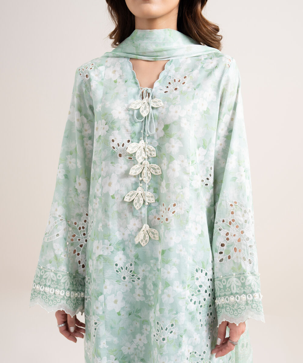 Women's Unstitched Lawn Embroidered Green 3 Piece Suit