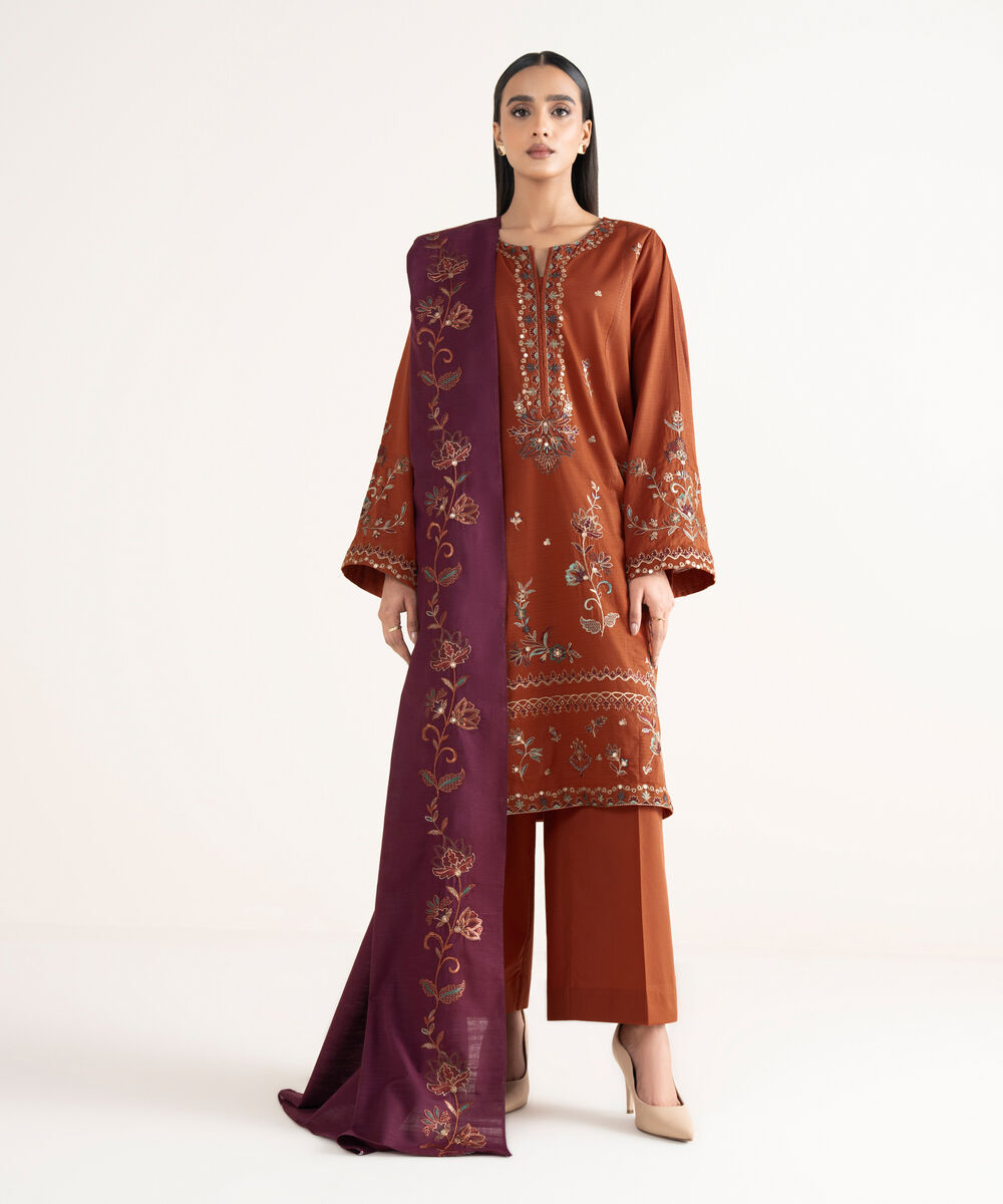 Women's Unstitched Dobby Embroidered Brown 3 Piece Suit