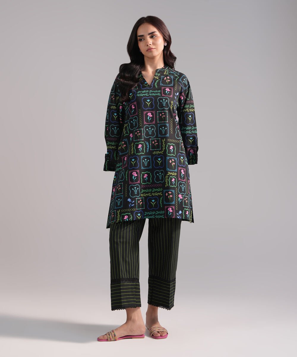 Women's RTW Crosshatch Printed Black Straight Shirt